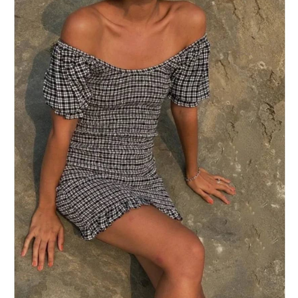 Faithfull The Brand Black Gray White Size 6 Gingham Smocked Ruffle Mini Dress